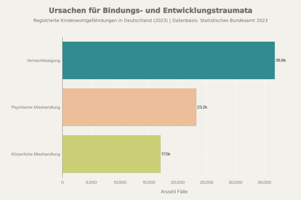Balkendiagramm: Vernachlässigung 36,8k Fälle, psychische Misshandlung 23,2k, körperliche Misshandlung 17,0k – Deutschland 2023