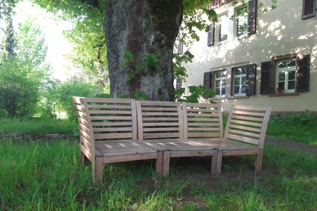 Einladende Holzbank unter einem mächtigen Baum vor einem traditionellen Schwarzwaldhaus – Sinnbild für geschützten Raum bei Erschöpfung