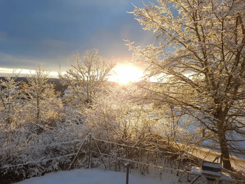 Verschneite Landschaft mit Sonnenuntergang nahe Horb am Neckar