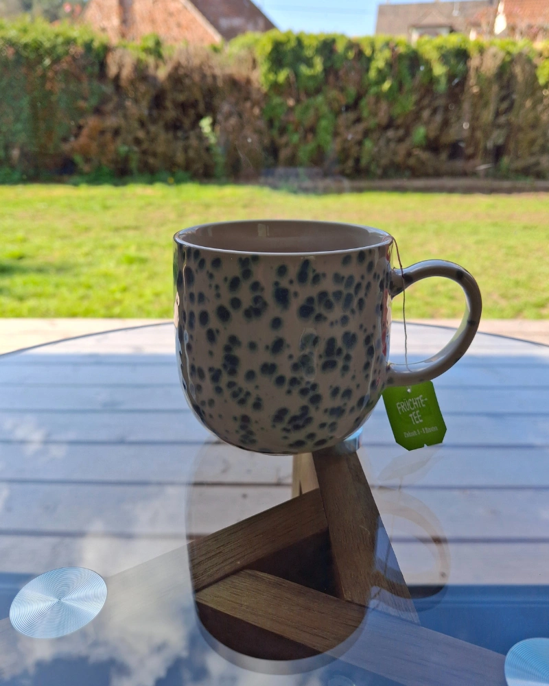 Kleine Pausen im Alltag – Mikro-Schritte gegen emotionale Erschöpfung. Tasse Früchtetee im sonnigen Garten – kleine Pausen als Alltagstipp bei Erschöpfungsdepression