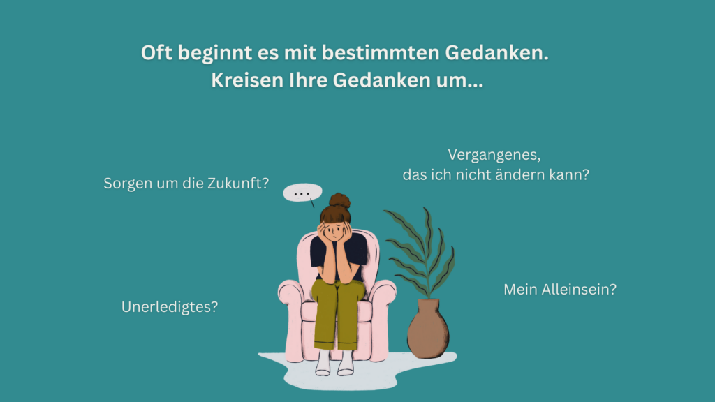 Illustration zeigt typische Gedankenthemen beim nächtlichen Grübeln wie Sorgen um Zukunft und Unerledigtes
