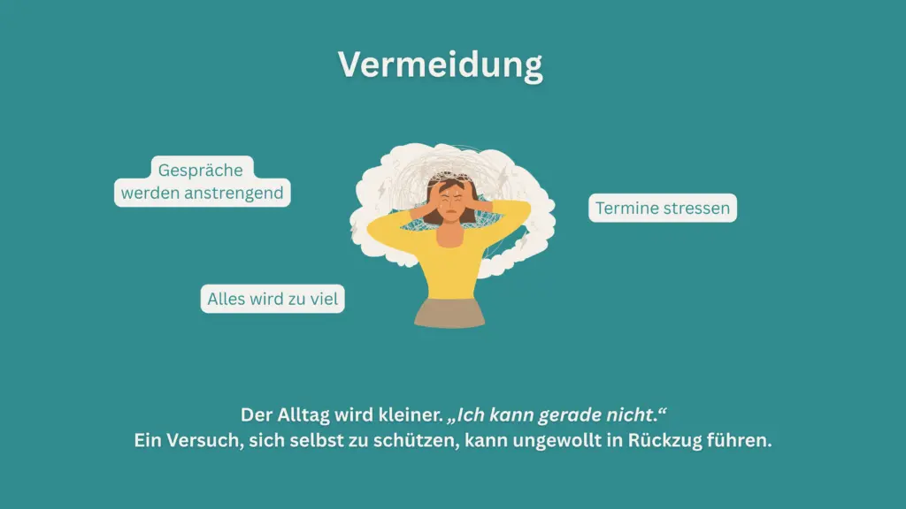 Vermeidung bei generalisierter Angst: Wenn ständige Sorgen den Alltag einschränken Illustration einer überforderten Frau mit Gedankenchaos – Vermeidungsverhalten als Angststörung-Symptom