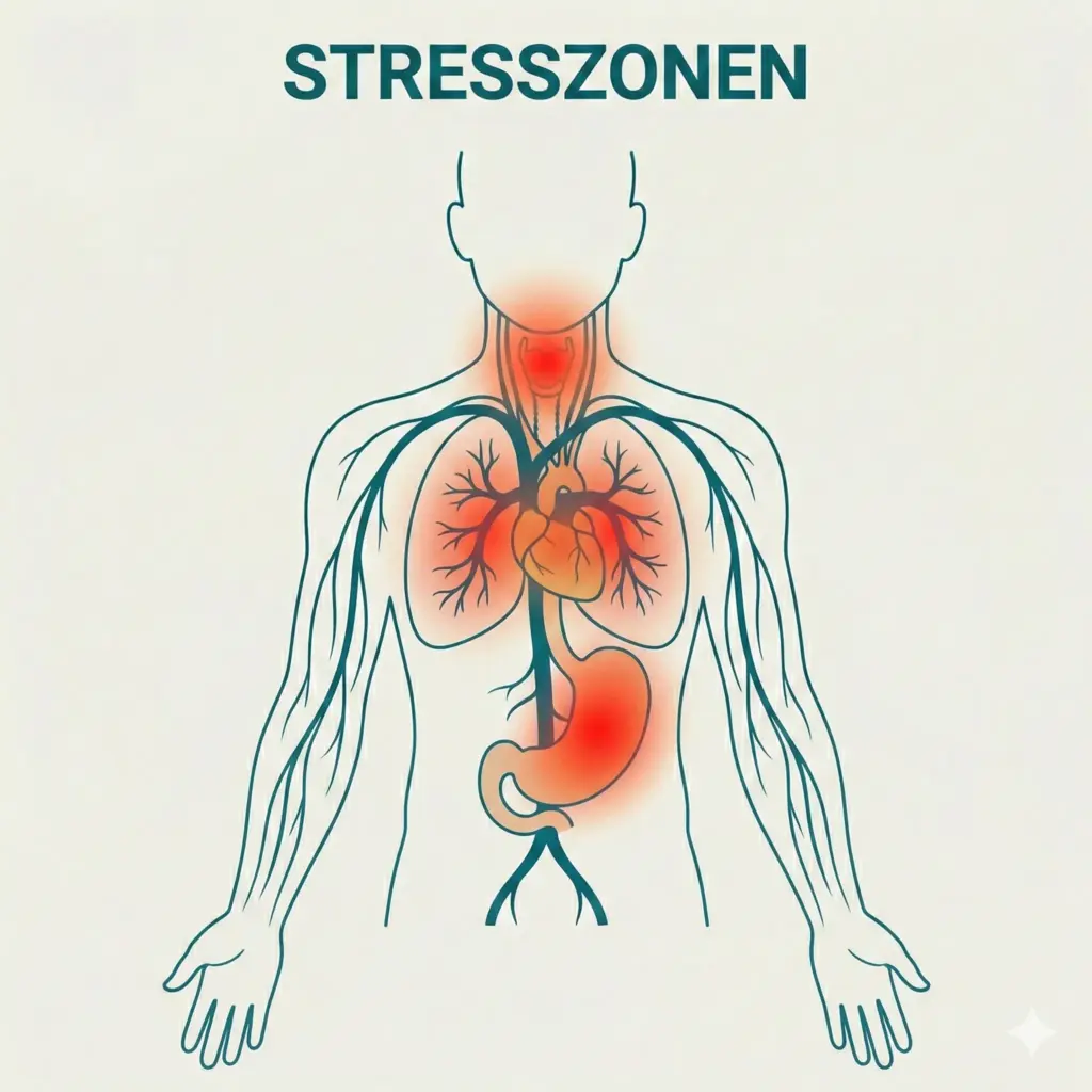Anatomische Grafik zeigt Stresszonen im Körper: Kopf, Nacken, Brust, Herz, Magen – innere Anspannung lösen
