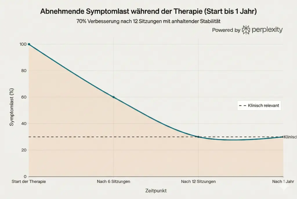 Symptomreduktion durch Biofeedback bei Angst – Therapieverlauf in Freudenstadt Diagramm zeigt den typischen Therapieverlauf bei Angst: Symptomlast sinkt von 100 % auf 30 % nach 12 Sitzungen Biofeedback, mit stabiler Langzeitwirkung über ein Jahr