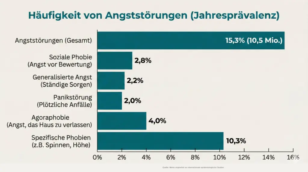 Häufigkeit von Angststörungen in Deutschland: Spezifische Phobien 10,3 %, Agoraphobie 4,0 %, Soziale Angst 2,8 %, Generalisierte Angst 2,2 %, Panikstörung 2,0 %.